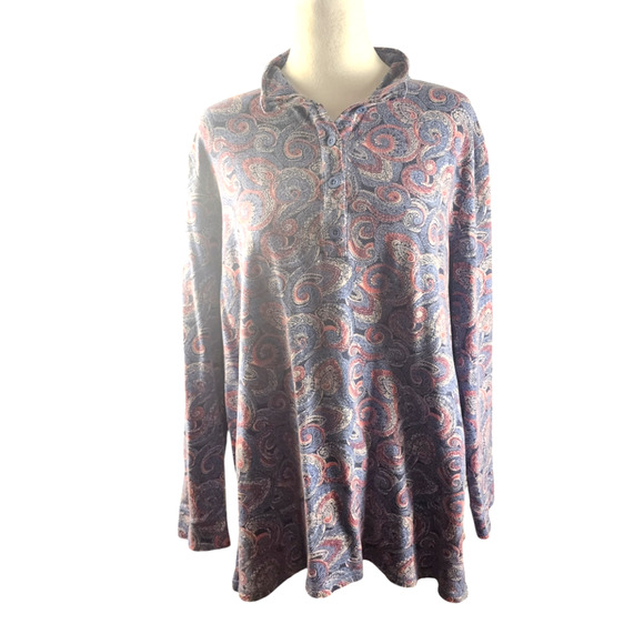 T by Talbots 1/4 Button-Up Short Blue/Pink Paisley Print Long-Sleeve Women's - Picture 1 of 6